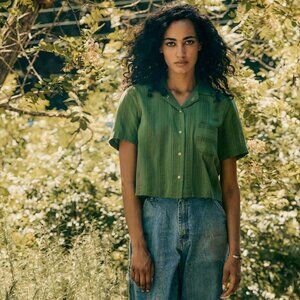 i+w x richter goods jacquard stripe pearl snap - green - size medium